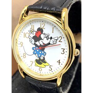 Disney Women's Watch Minnie Mouse WDS000410 Quartz Gold 35mm Black Leather Strap